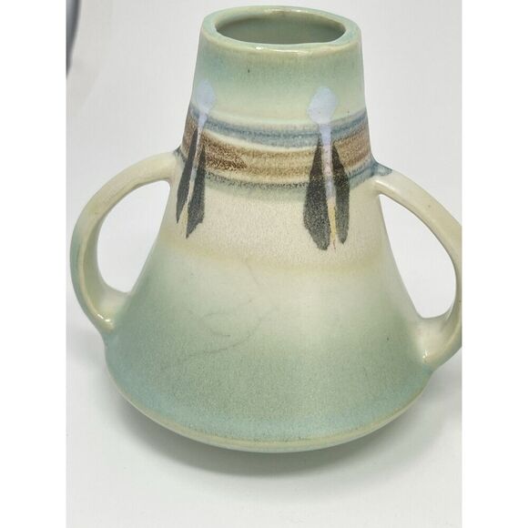 Vintage Made In Japan Double Handled Ceramic Vases Montacello 5” Green Set Of 2 - Picture 9 of 10